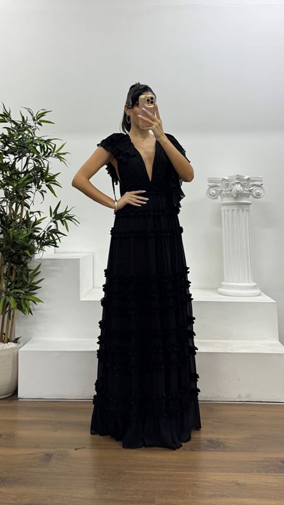 Black Layered Ruffle Special Design Chiffon Evening Dress